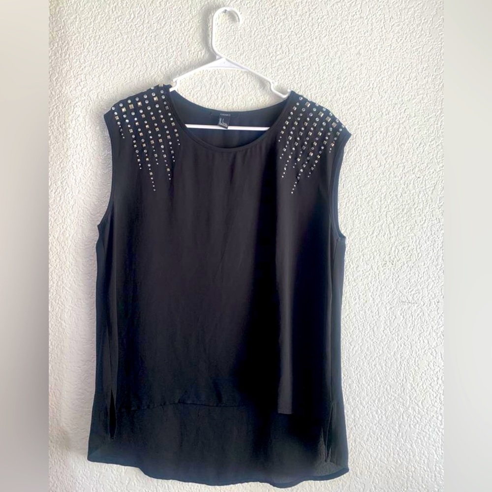 Sheer black top with beaded shoulders , Size L